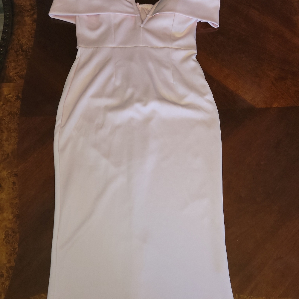 Light pink, off the shoulder midi dress